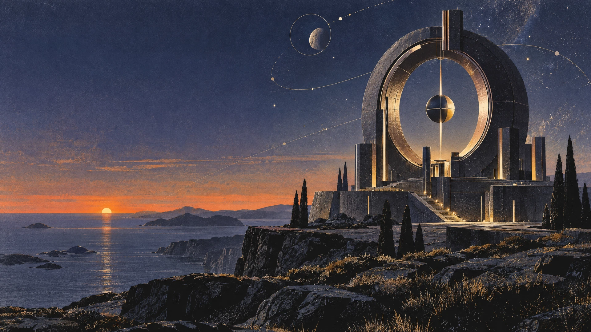 A speculative observatory on a remote coast under a ringed dusk sky.